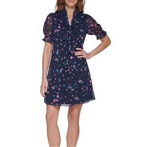 DKNY Navy Floral Pussybow Dress